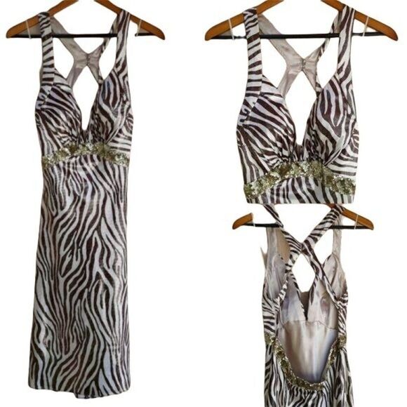 Y2K La Femme Racerback Dress 10 Formal Metallic Bronze Zebra Plunging V Strappy - Picture 1 of 11